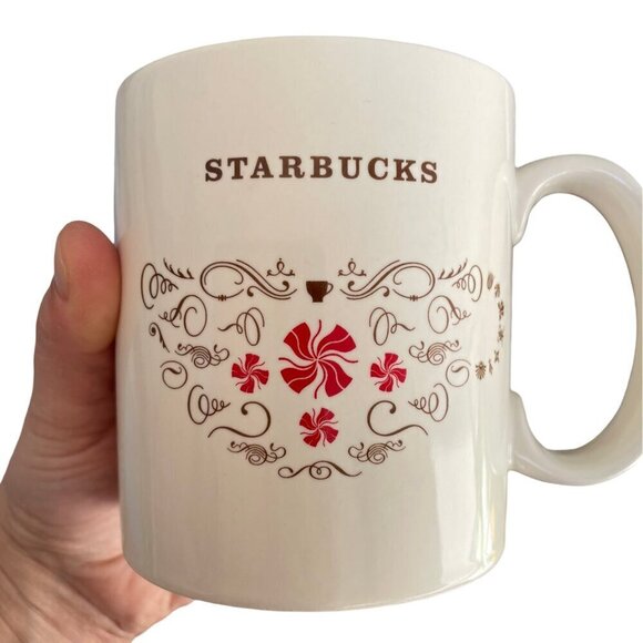 Starbucks 18 Oz 500 mL Mug, Red Pinwheels Ribbons Squiggles, Beige, Coffee - Picture 1 of 10
